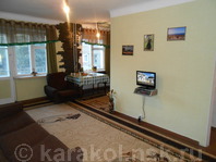 Трехкомнатная квартира по Пржевальского: Зал, вход в кухню, диван, ТВ, два кресла