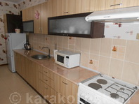 Трехкомнатная квартира по Карасаева (Тельмана): Кухня: газ/электро плита, микроволновка, посуда, вытяжка